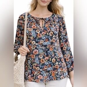 Joie Blue White Floral Silk Tunic Blouse Shirt 3/4 Sleeve Size S